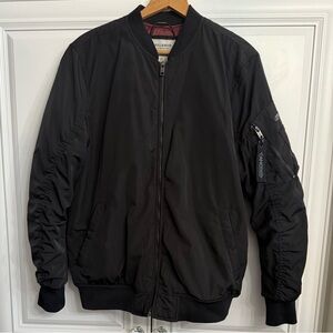 Pull&Bear Men's Size Large Black Military Bomber Jacket Crew Neck Zipper Closure